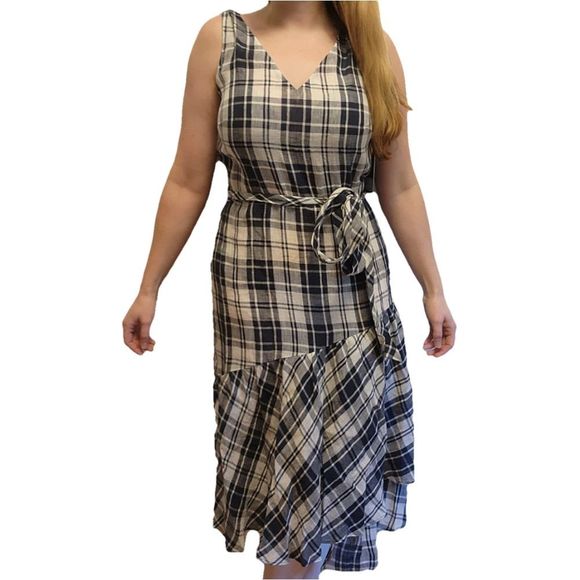Nordstrom Signature Navy/White Plaid Faux Wrap Linen Dress Size 10 - Picture 11 of 11
